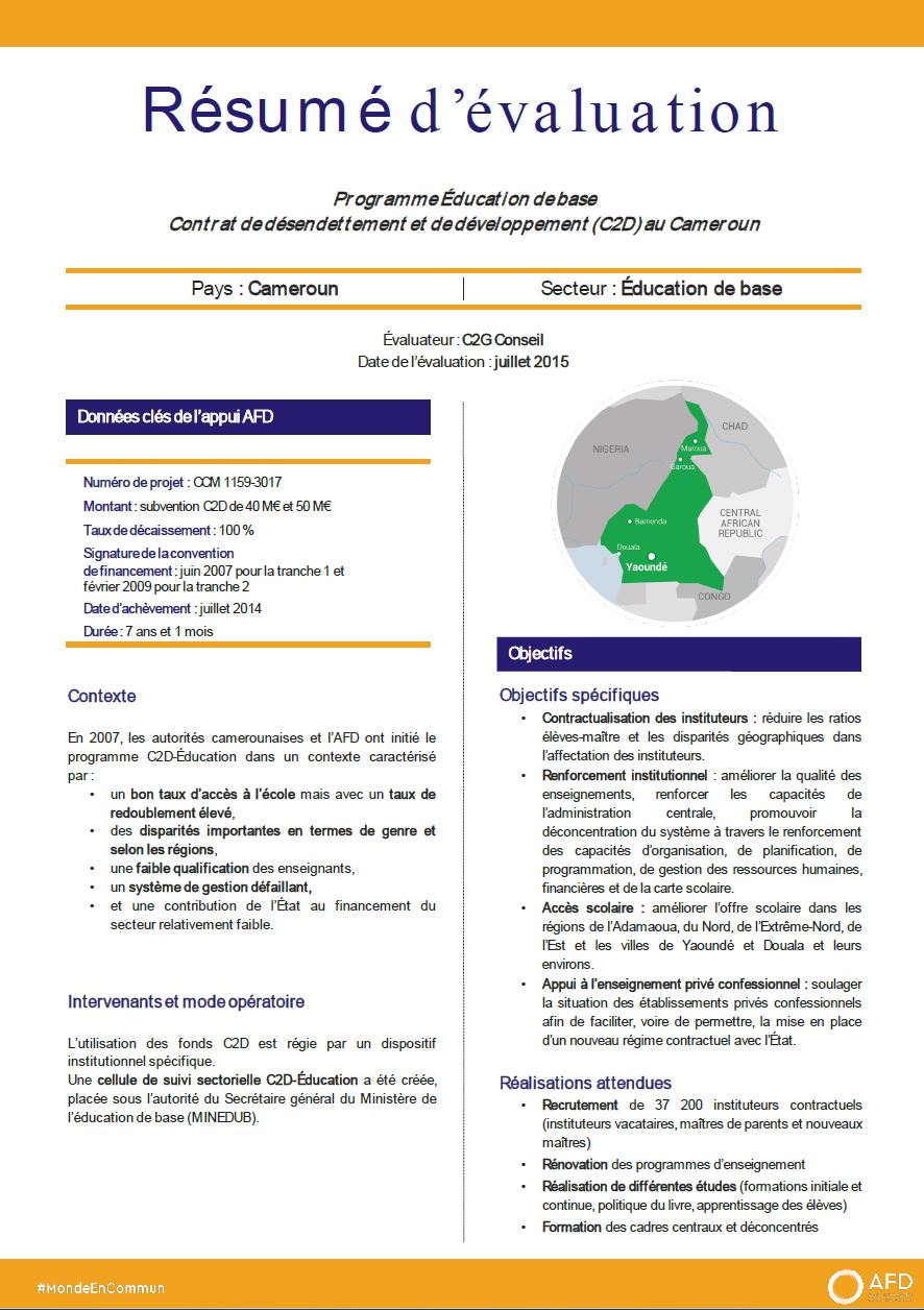 Résumé d'évaluation - Programme éducation de base - Contrat de désendettement et de développement (C2D) au Cameroun